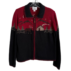 Vintage Christopher & Banks Red & Black Knit Winter Moose Full Zip Cardigan S
